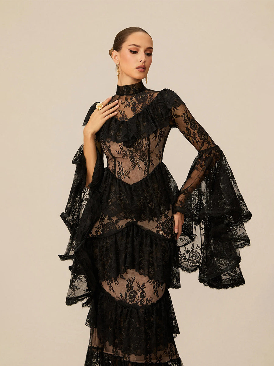 Elina Tiered Ruffle Sheer Lace Maxi Dress