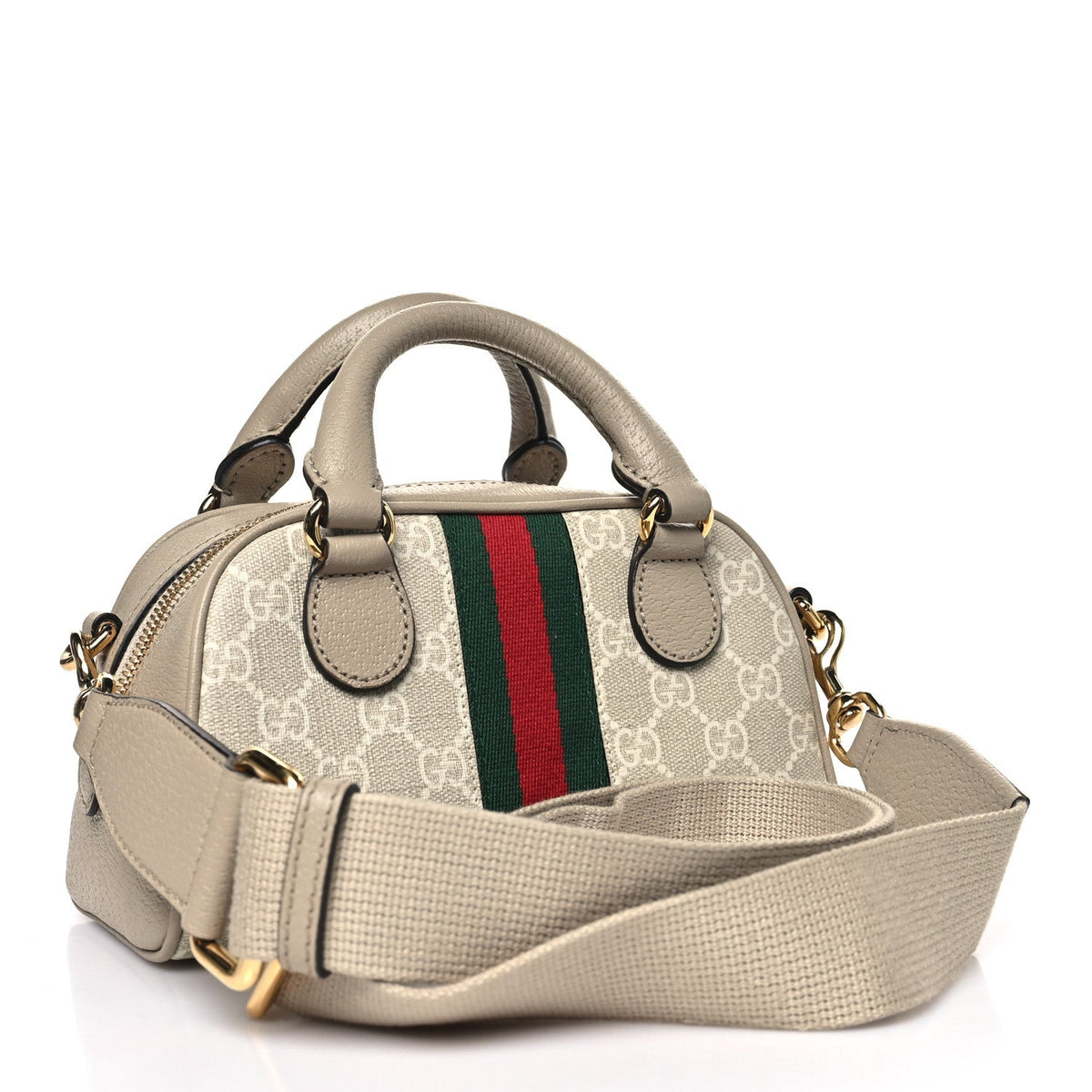 GG Supreme Monogram Textured Dollar Calfskin Web Mini Ophidia Top Handle Bowler Bag Beige Mystic White Oatmeal