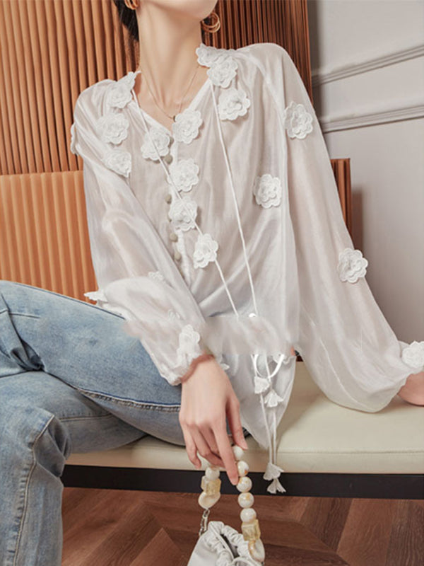 Loose Flower Shape Solid Color Tasseled V-Neck Blouses&Shirts Tops