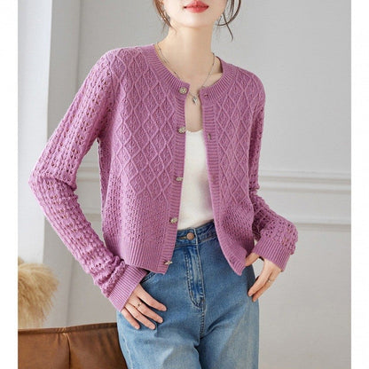 Round Neck Lace Mesh Knit Cardigan Sweater