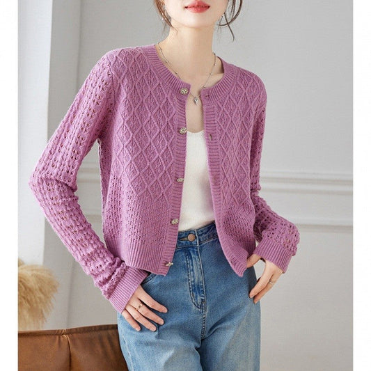 Round Neck Lace Mesh Knit Cardigan Sweater