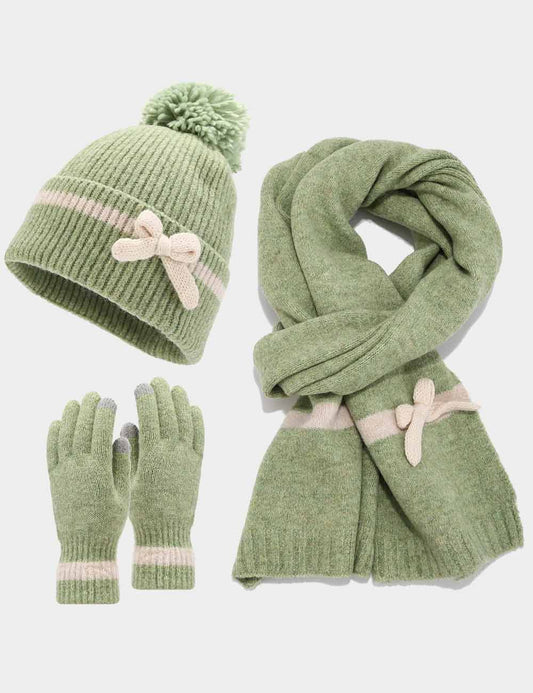 Winter Cute Bow Knot Hat Scarf Gloves Set