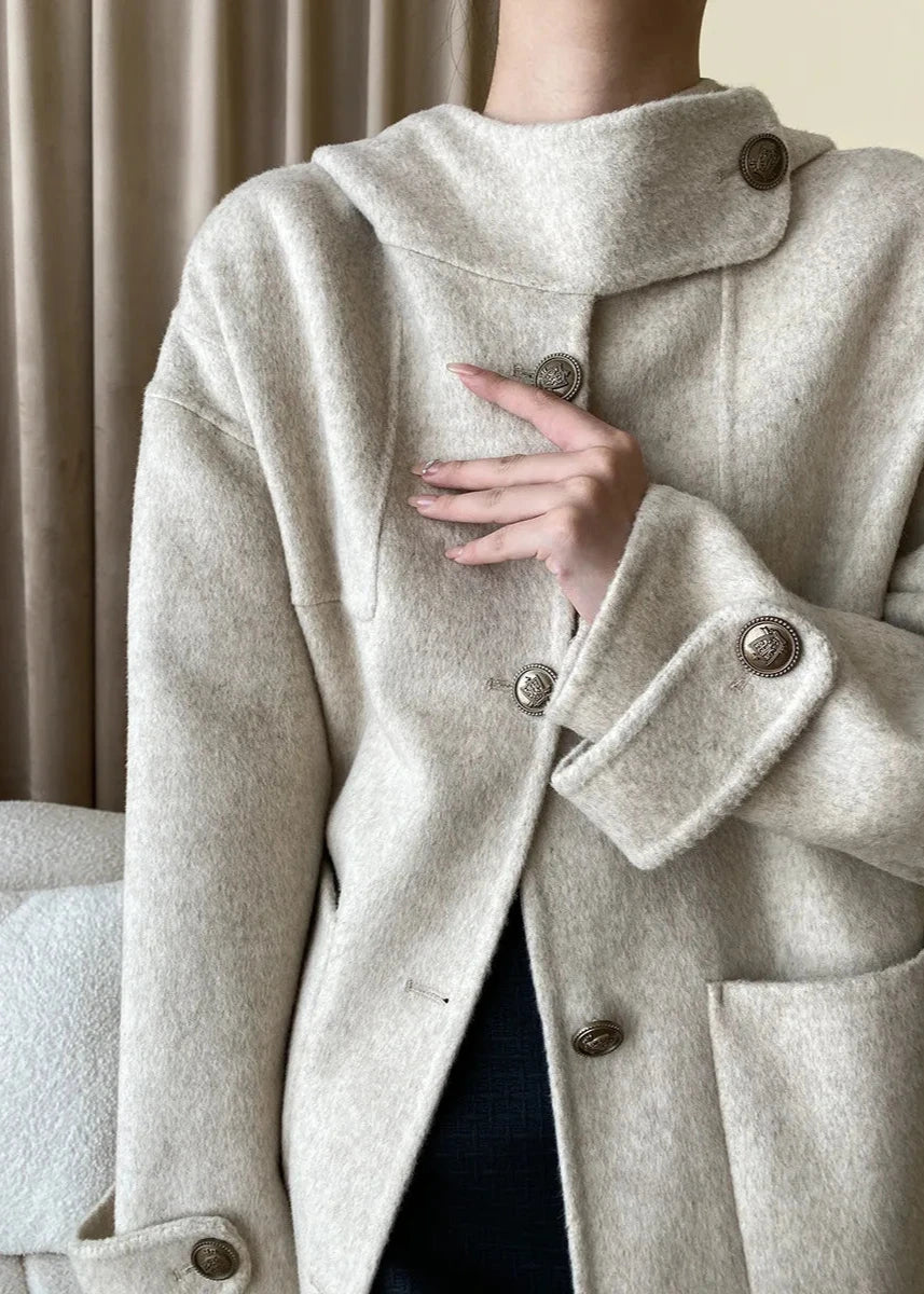 Wool Blend Hooded Cape Coat With Pockets
