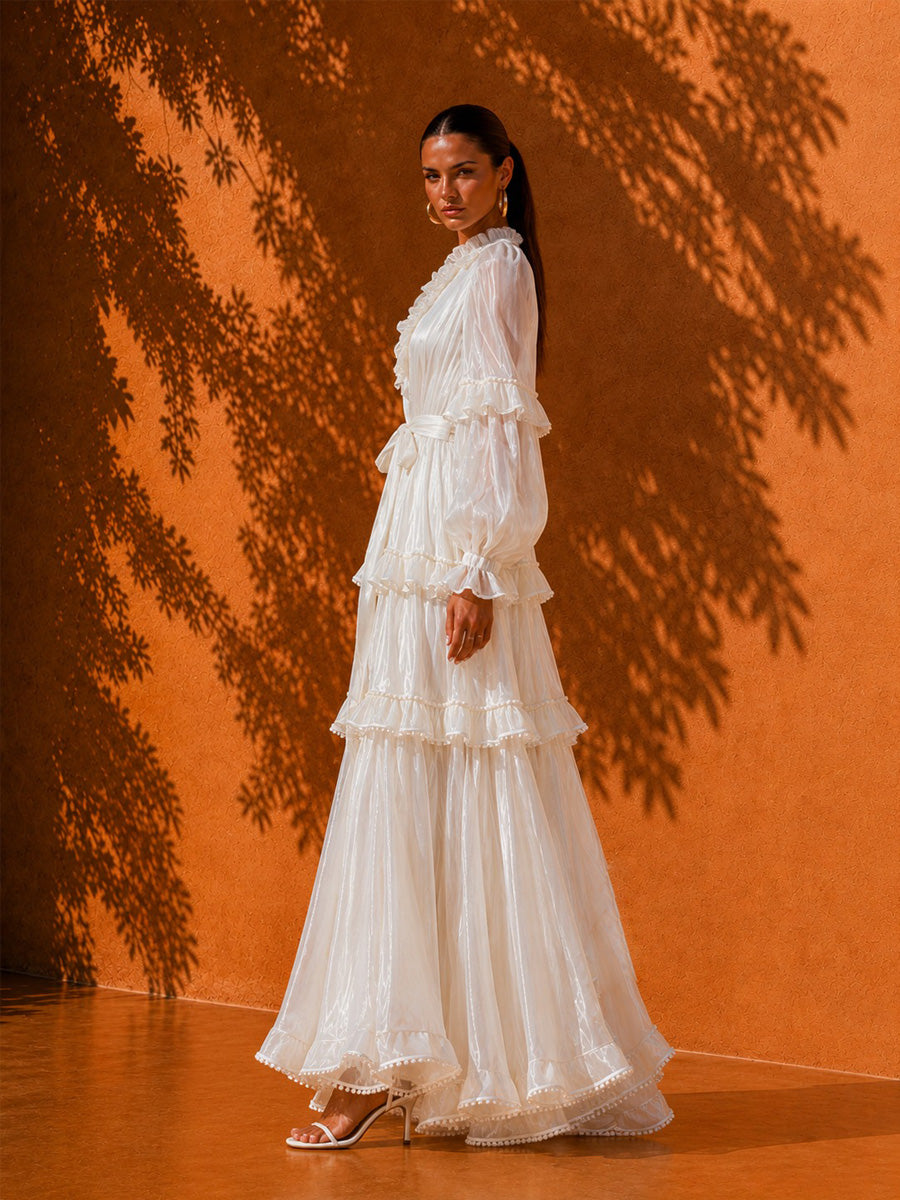 Aurora Vacation-Style Tiered Maxi Dress with Lace Trim In White