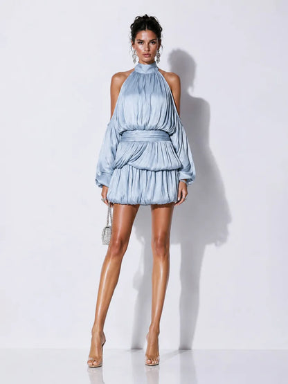 Harper Ruched Off-Shoulder Halter Mini Dress