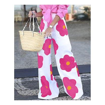 Loose Wide Leg Contrast Color Floral Printed Casual Pants Bottoms
