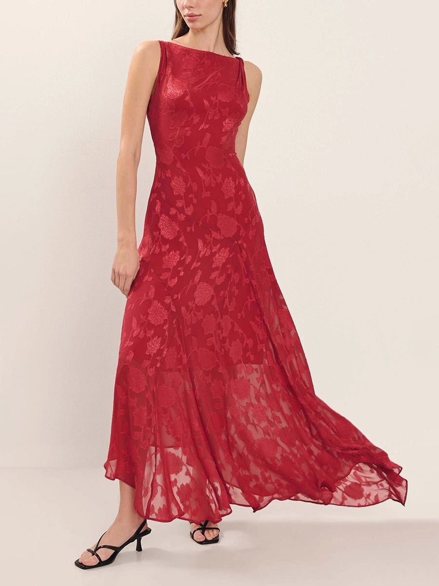 Chloe Floral-Jacquard Sleeveless Flowy Midi Dress