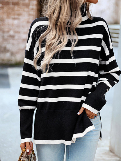 Loose Wrap Contrast Color Split-Side Striped High-Neck Sweater Tops