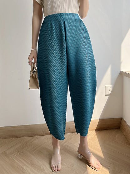 Harem Pants High Waisted Elasticity Pleated Solid Color Split-Joint Ninth Pants Pants Trousers