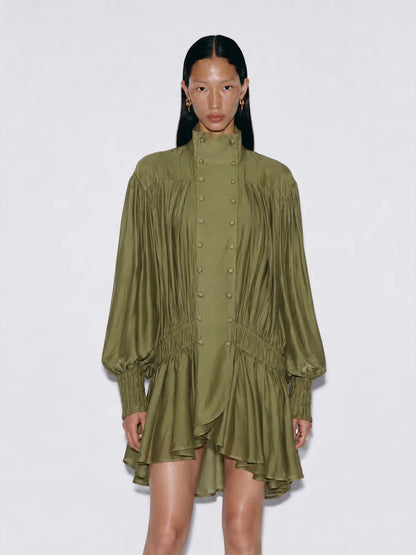 Bellatrix Stand-Collar Gathered Lantern-Sleeve Mini Dress
