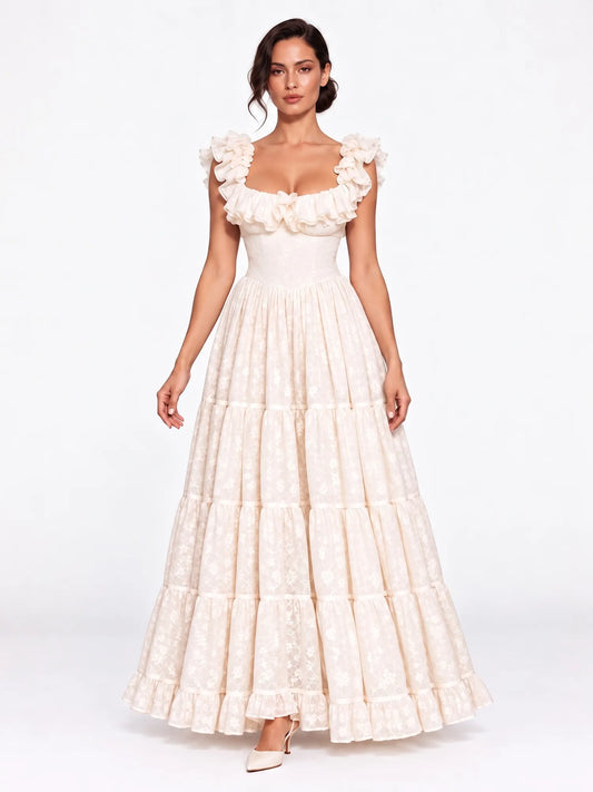 Elise Ruffled Lace-Trim Maxi Dress