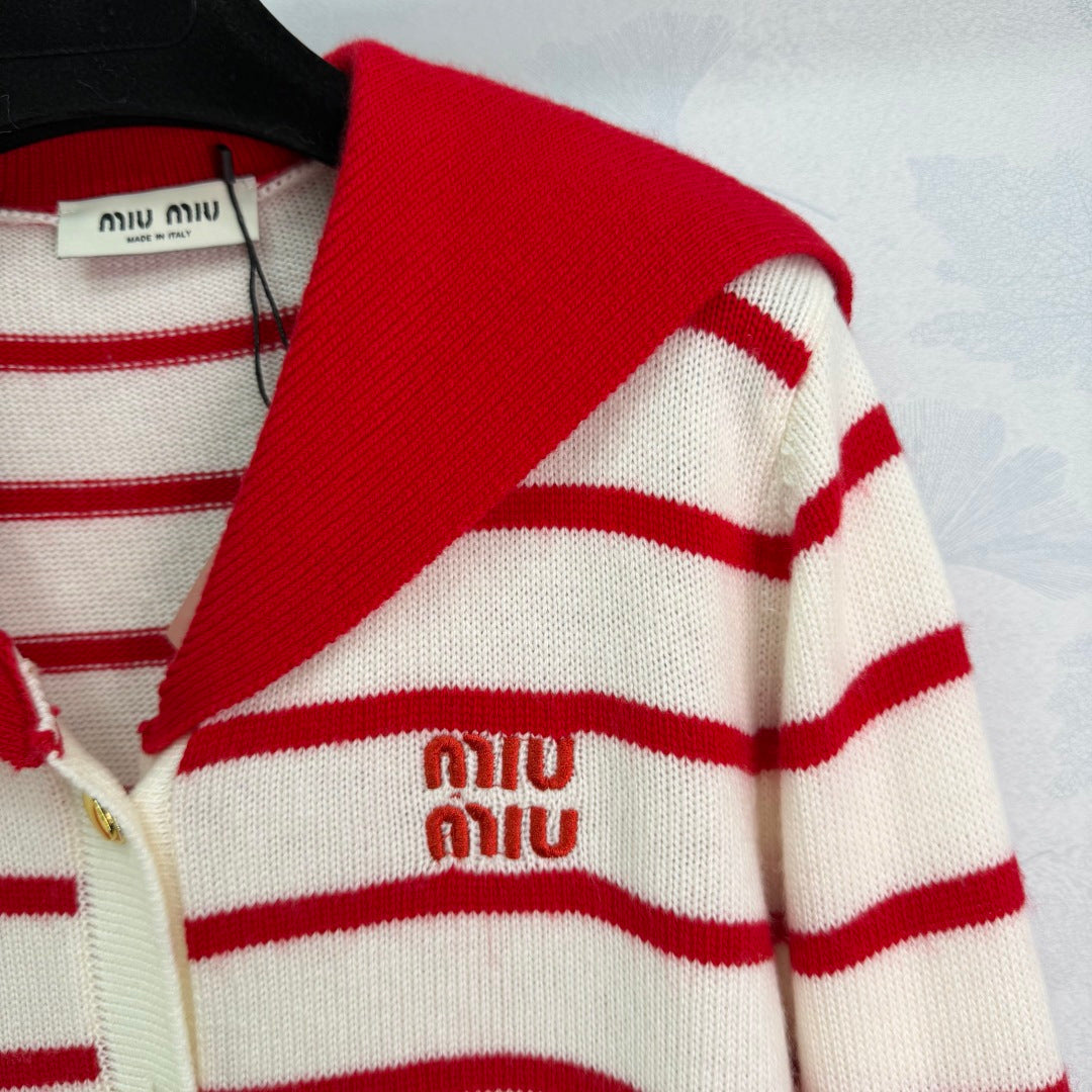Miu 26s Striped Sailor Collar Knit Cardigan Wool 345083