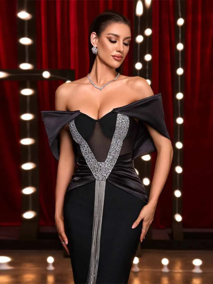 Zia Crystal Fringe Off Shoulder Bandage Maxi Dress