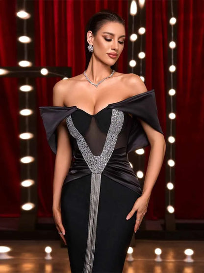 Zia Crystal Fringe Off Shoulder Bandage Maxi Dress