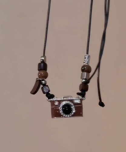 Retro Brown Copper Overgild Leather Resin Drip Glaze Camera Pendant Necklace