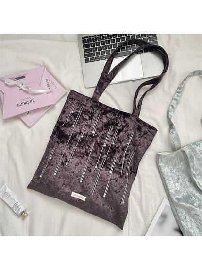 Cosbai - Velvet Beaded Tote Bag with Magnetic Closure