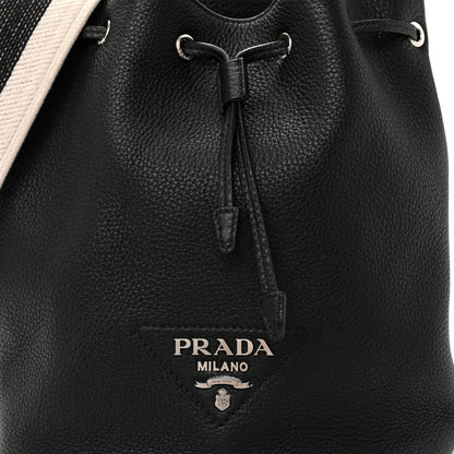 Vitello Daino Soft Drawstring Bucket Bag Black