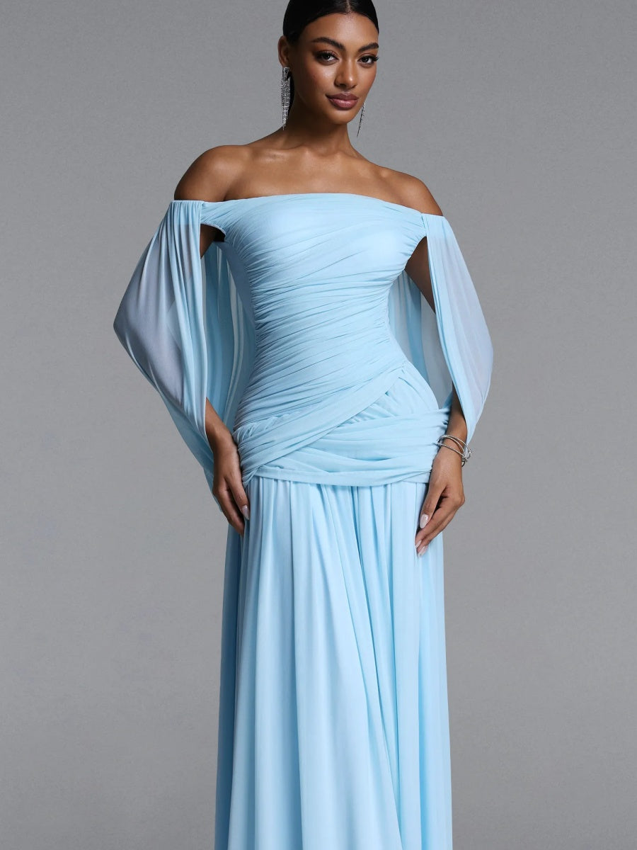 Chloe Off-the-Shoulder Ruched Chiffon Maxi Dress In Blue