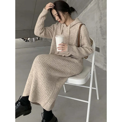 Simple Loose Long Sleeves Drawstring Solid Color Hooded Sweater Dresses