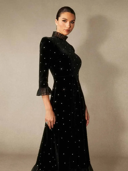 Beatrice Diamante Ruffle Velvet Maxi Dress