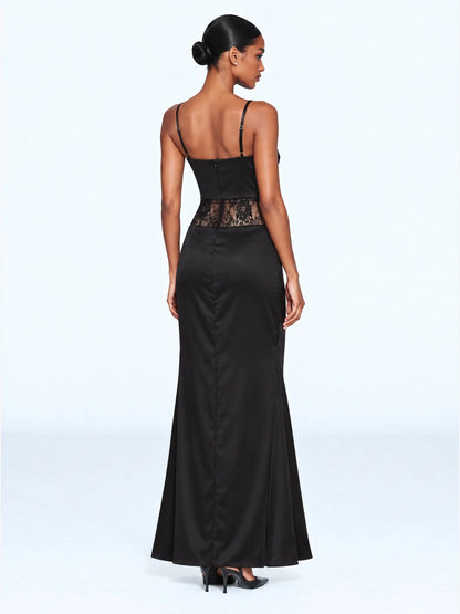 Amelia Spaghetti Strap Lace-Trimmed Slit Maxi Dress