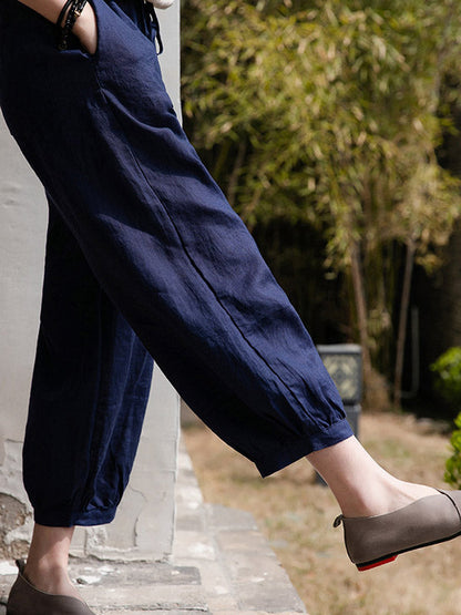 Simple Linen Solid Color Elasticity Waist Loose Knickerbockers&Capri-Pants