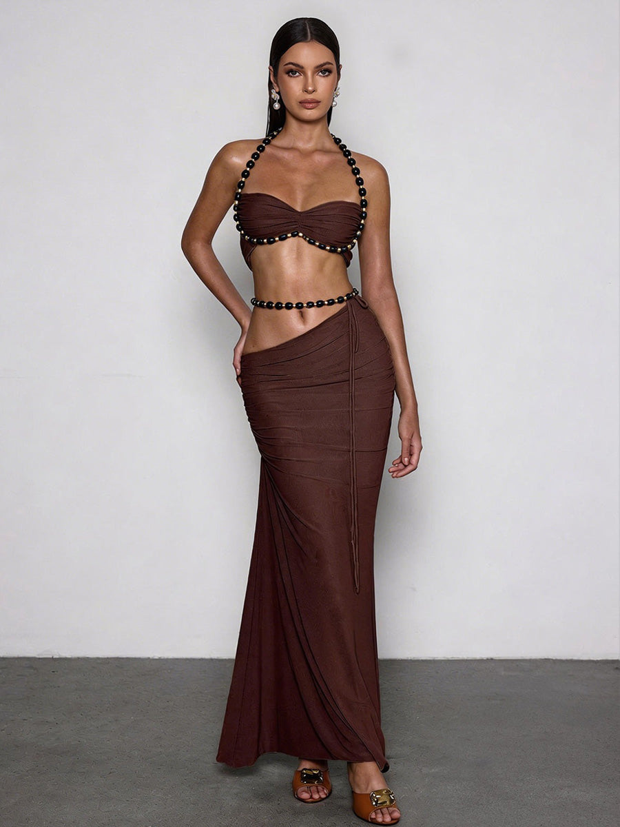 Zuri Halterneck Ruched Skirt Set In Coffee