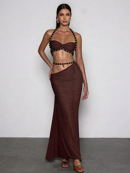 Zuri Halterneck Ruched Skirt Set In Coffee