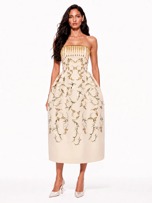 Talia Embroidered Floral and Bird Tube Midi Dress