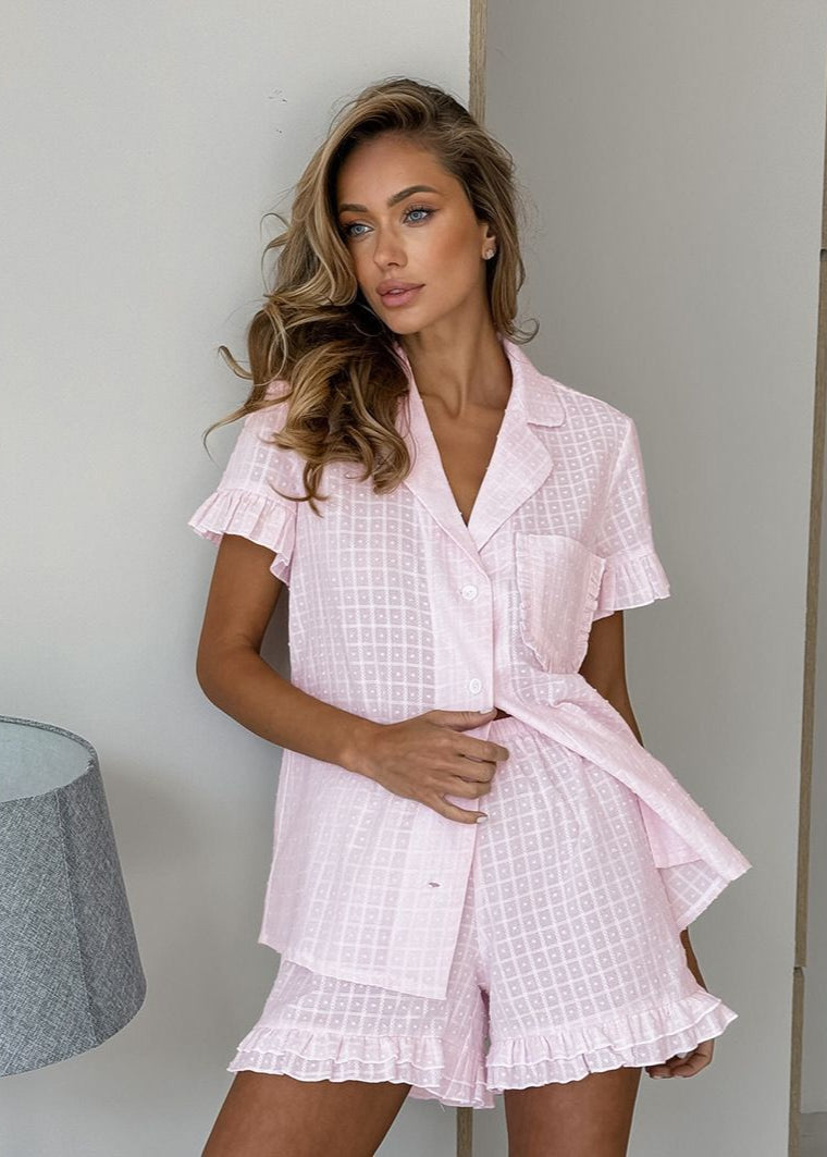 Short Sleeve Pajama Set Lightweight Pink Fabric