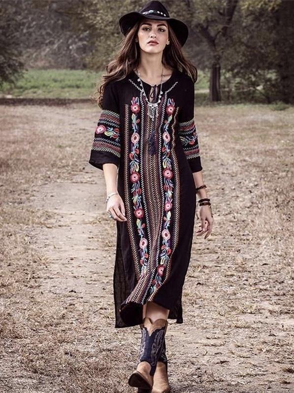 New Rayon Embroidered Mid-Length-Sleeved Beach Skirt Holiday Long Dress