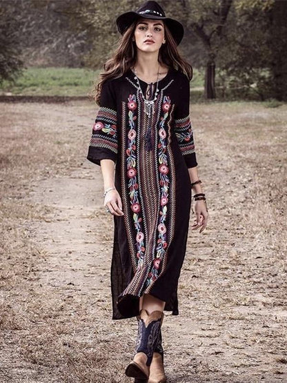 New Rayon Embroidered Mid-Length-Sleeved Beach Skirt Holiday Long Dress