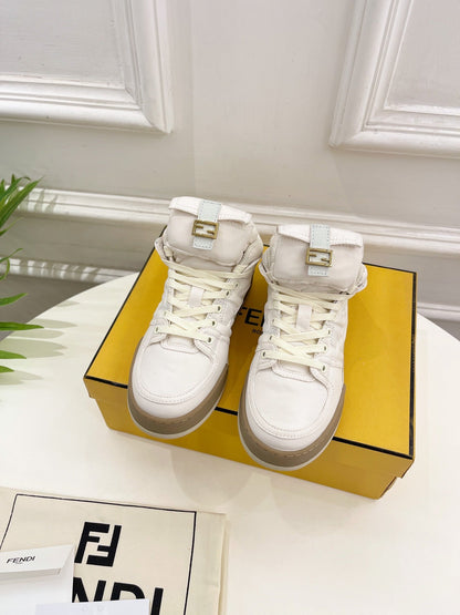 FENDI LOGO SOCK SNEAKER BOOTS IN WHITE LAMBSKIN