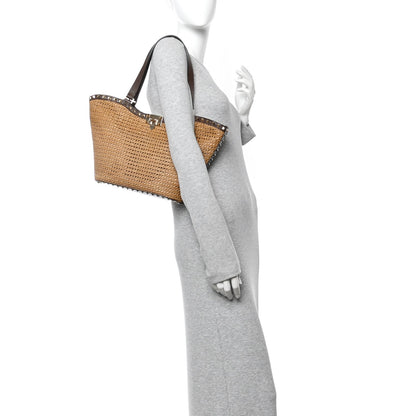 Synthetic Raffia Calfskin Rockstud Small Garden Tote Bag Tobacco Cacao