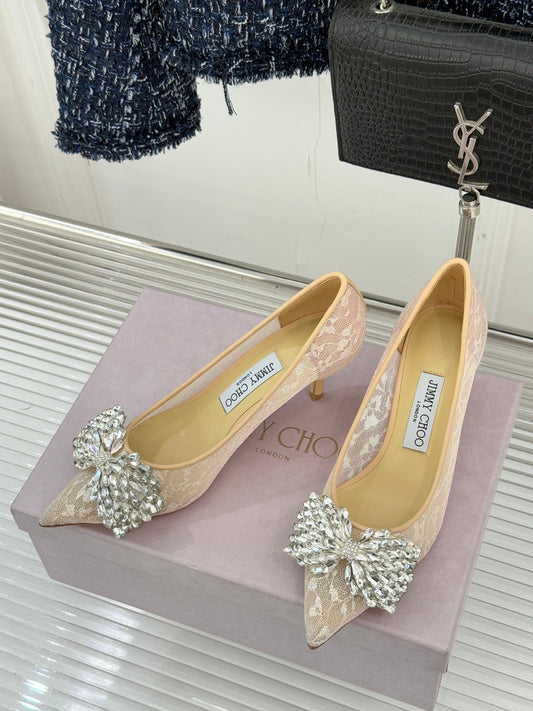JC25WF Rhinestone Bow Pionted Toe High Heels 65 Nude Sheepskin 573536