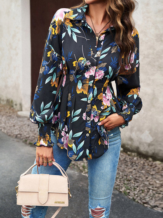 Bishop Sleeve Long Sleeves Buttoned Elasticity Flower Print Pleated Lapel Blouses&Shirts Tops