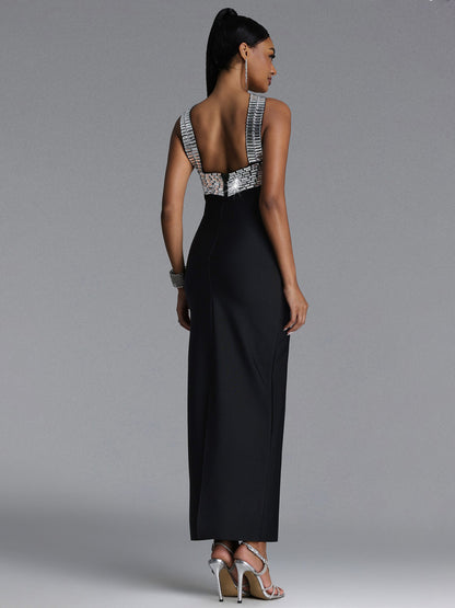 Lana Chic Contour Halter Rhinestone Bandage Maxi Dress