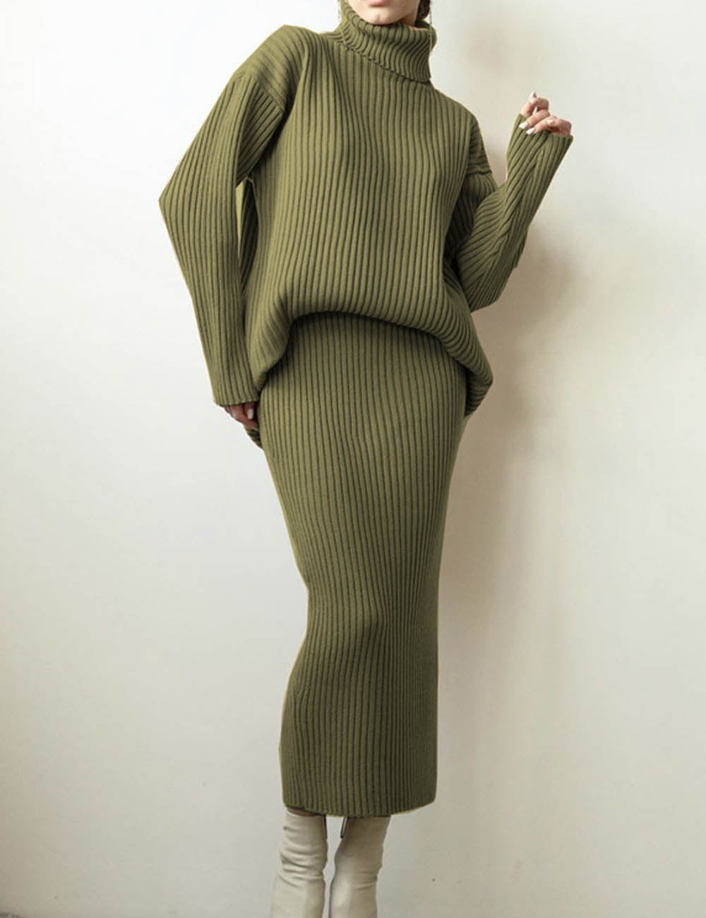 Ribbed Knit Turtleneck Sweater Midi Skirt Set