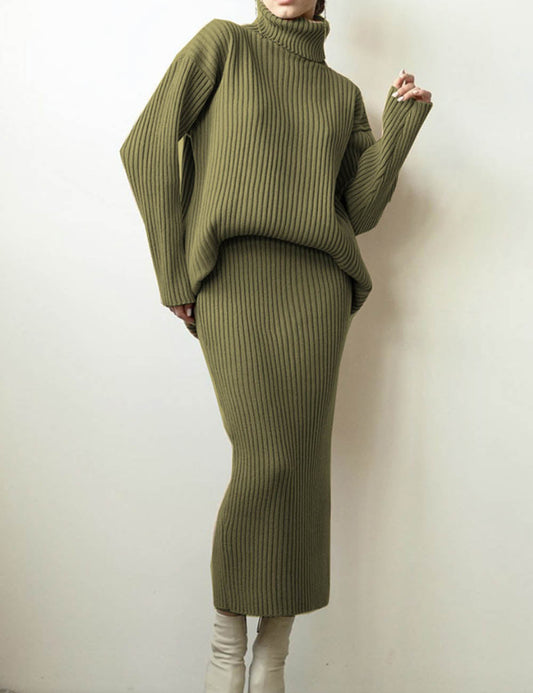 Ribbed Knit Turtleneck Sweater Midi Skirt Set