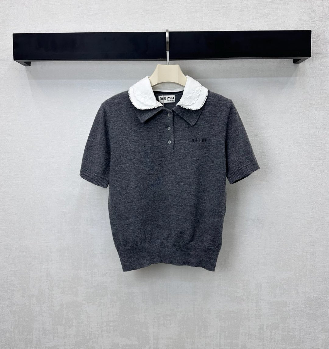 Miu Cashmere Polo Slate Gray Wool 350385