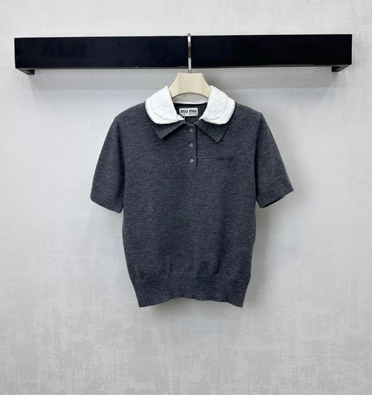 Miu Cashmere Polo Slate Gray Wool 350385