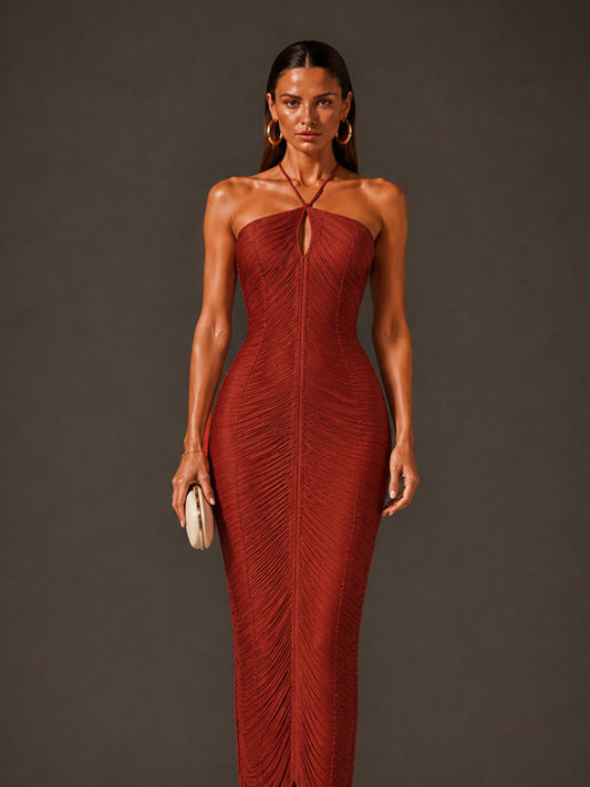 Eloise Halter-Neck Maxi Dress with Back Slit and Fringes In Brick Red