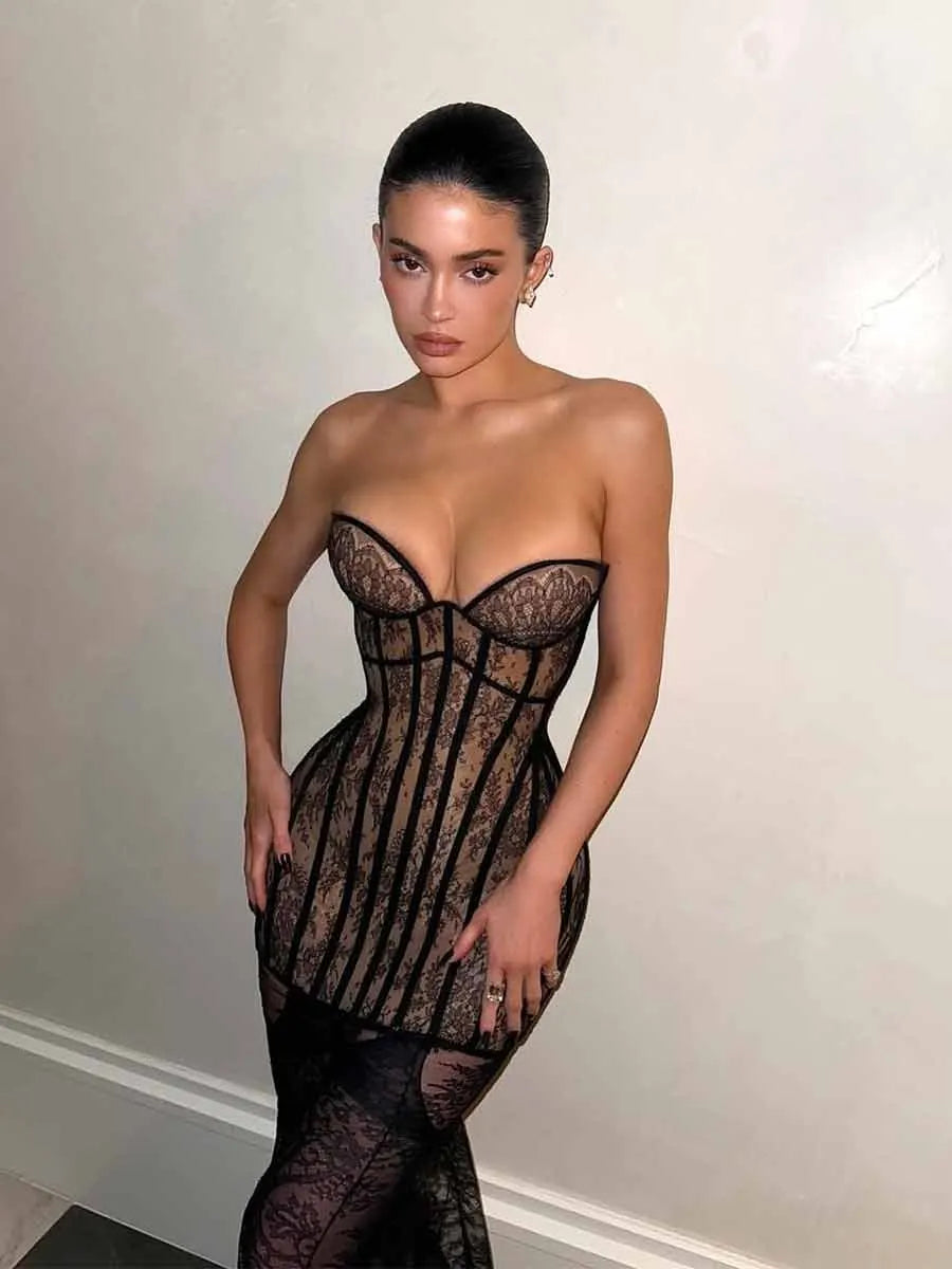 Aria Strapless Lace Bustier Maxi Dress