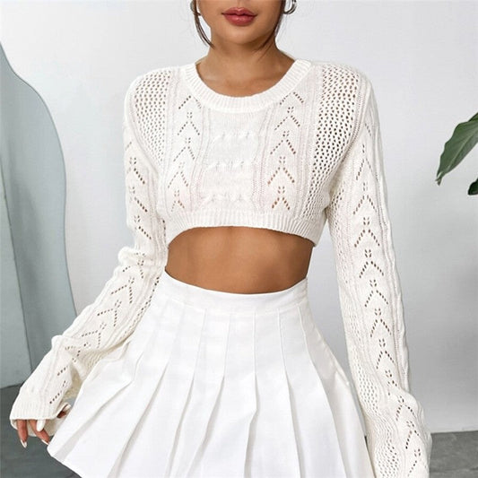 Hollow Out Short Crop Top Flared Sleeve Knitted Sweater