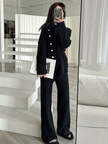 Casual Loose Solid Color Half Turtleneck Sweater Tops & Wide Leg Pants Suits