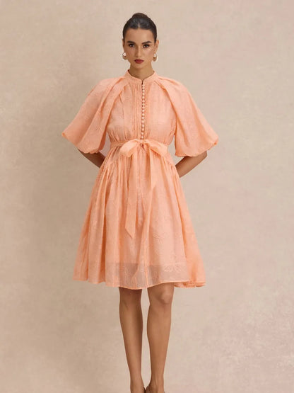 Hailey Floral-Embroidered Puff-Sleeve Midi Dress