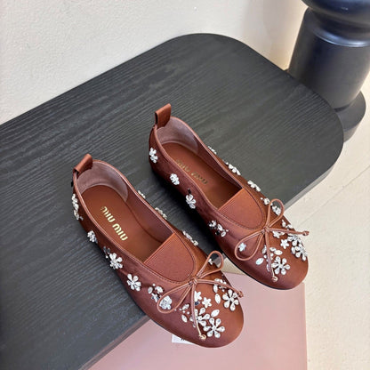 Miu Ballet Flat With Floral Crystal Brown Silk
