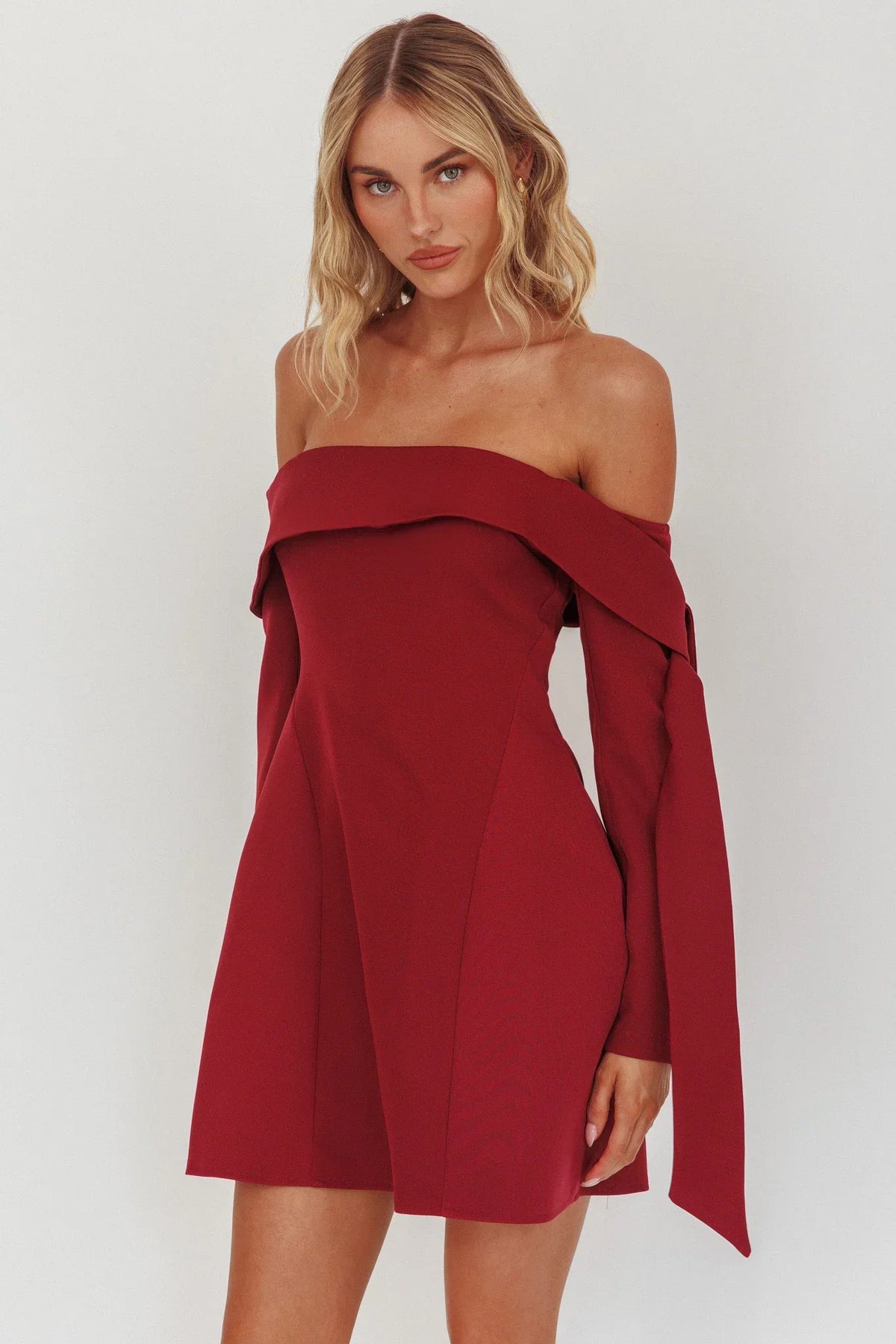Aurora Sky Off-Shoulder Tie Mini Dress Wine