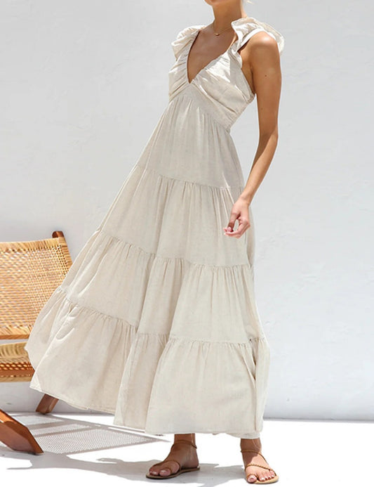 V-Neck Ruffle Sleeveless Maxi Dress