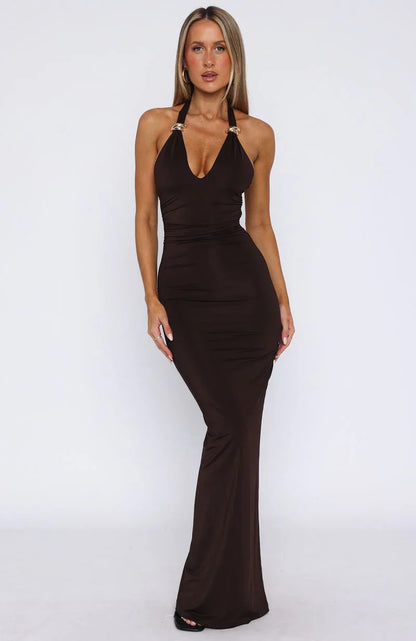 Waste A Moment Halter Maxi Dress Chocolate